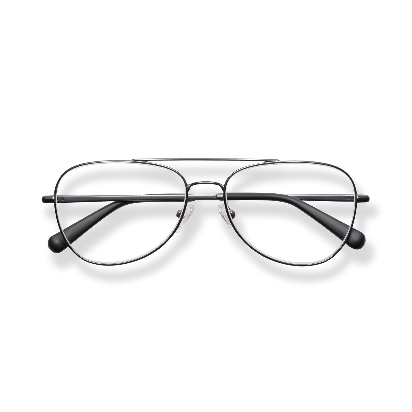 
Black metal aviator eyeglasses with double bridge and rounded rectangular lenses.