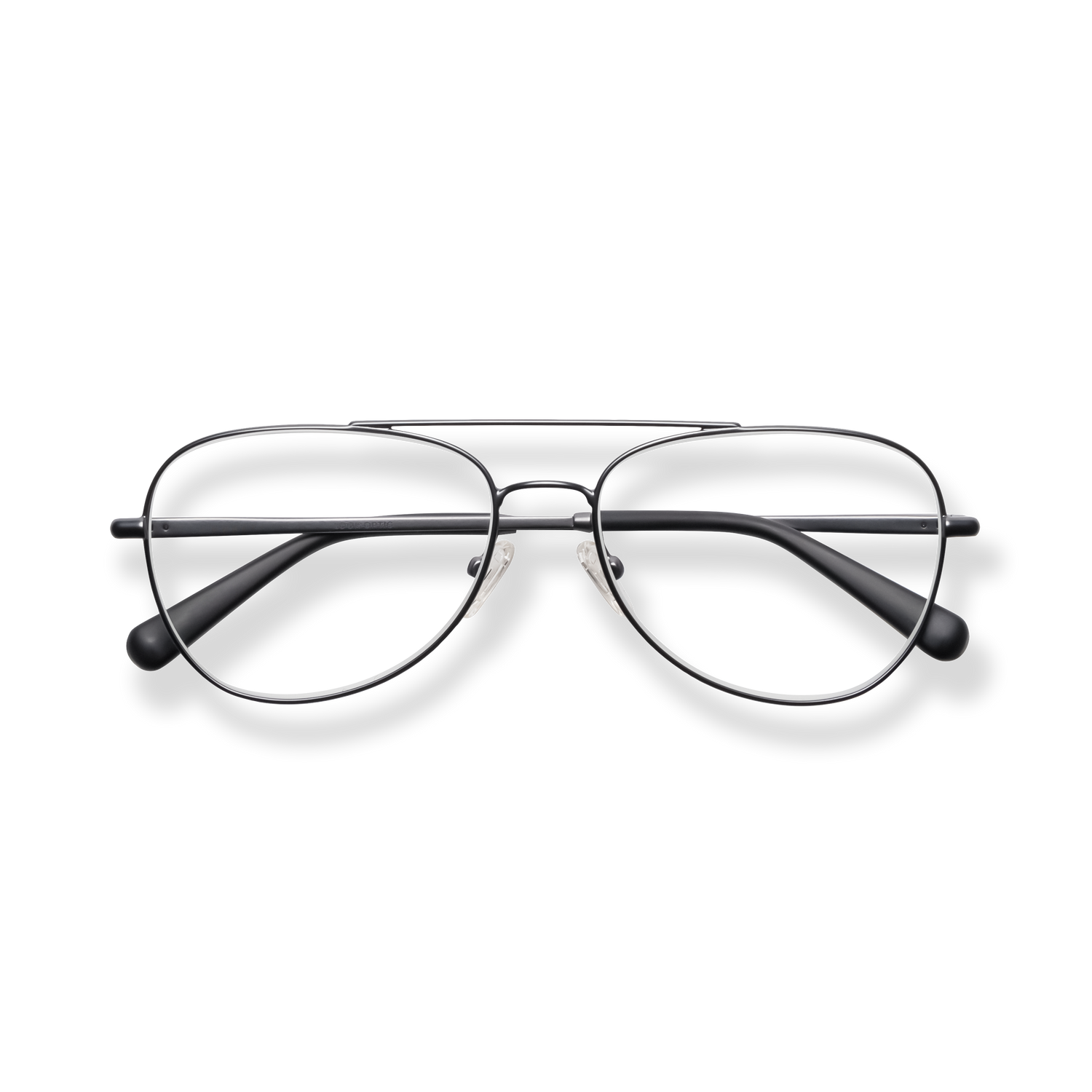 
Black metal aviator eyeglasses with double bridge and rounded rectangular lenses.