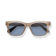 
Beige square-frame sunglasses with blue-gray lenses and dark temple details.
