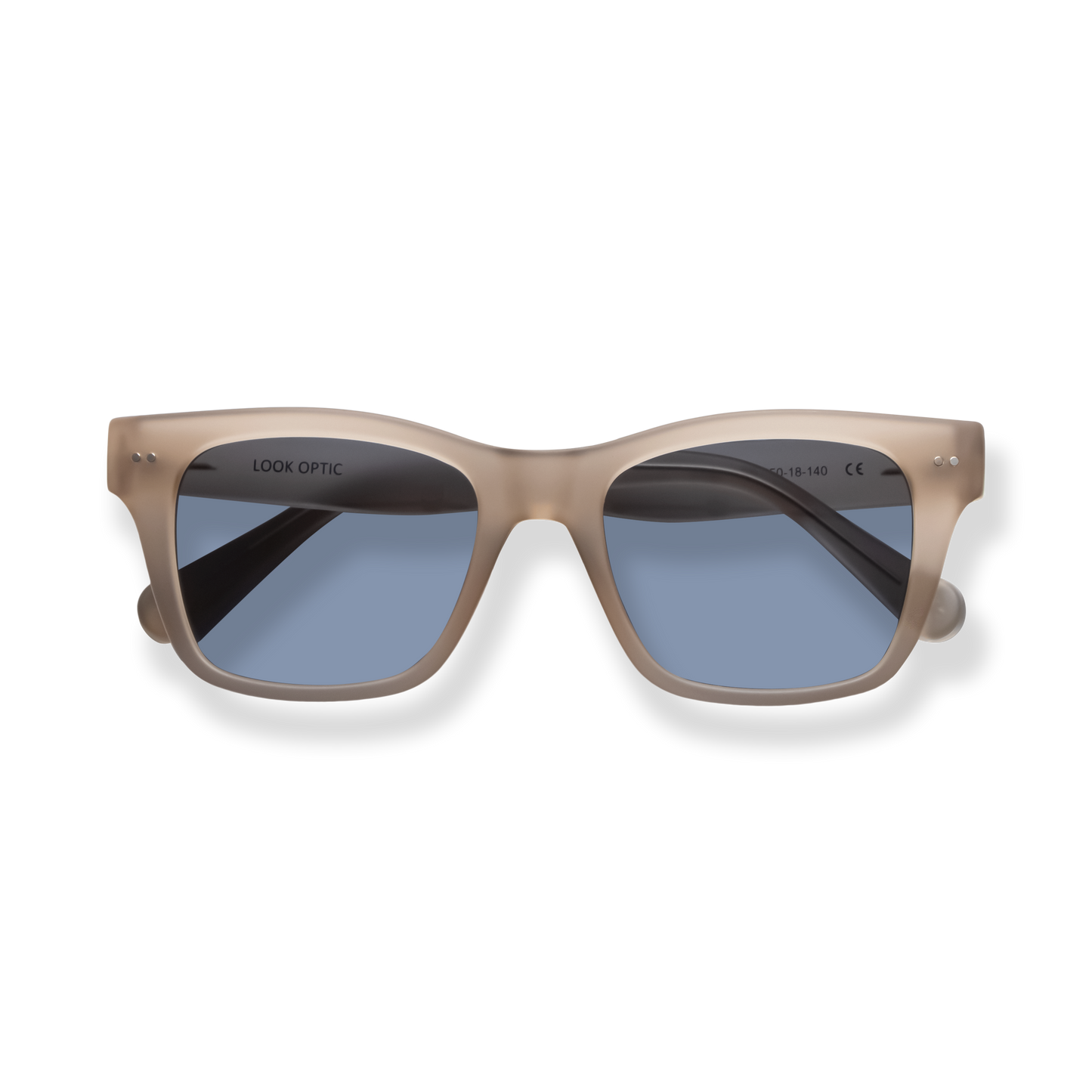 
Beige square-frame sunglasses with blue-gray lenses and dark temple details.