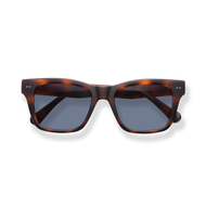 
Tortoiseshell rectangular sunglasses with dark blue lenses.