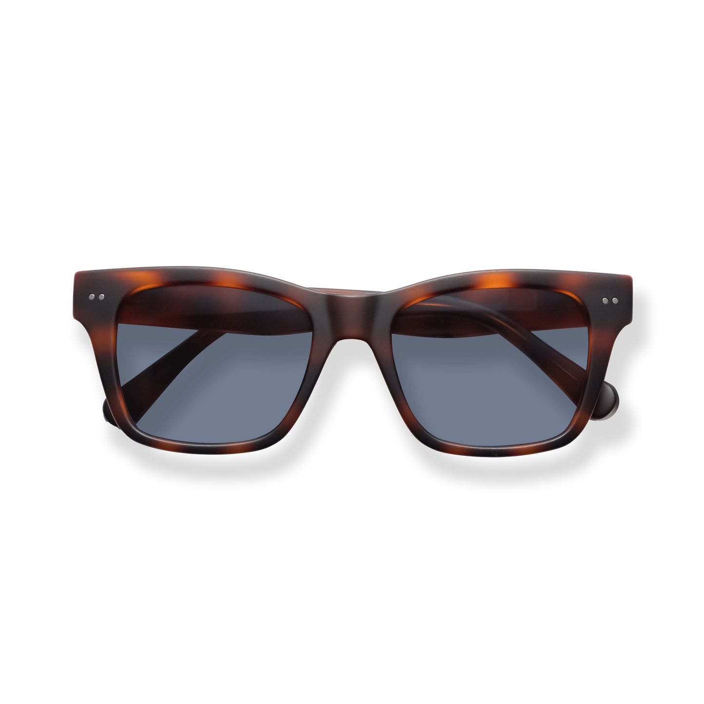 
Tortoiseshell rectangular sunglasses with dark blue lenses.