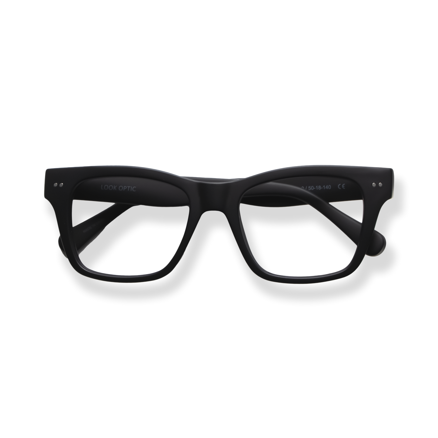 
Black square-frame eyeglasses with dark lenses and subtle branding.