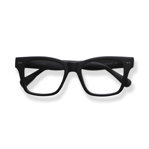 
Black square-frame eyeglasses with dark lenses and subtle branding.