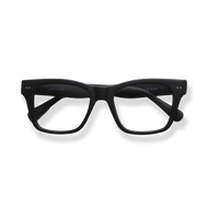 
Black square-frame eyeglasses with dark lenses and subtle branding.
