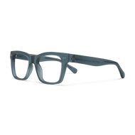 
Square blue eyeglass frames with a translucent finish and clear lenses.
