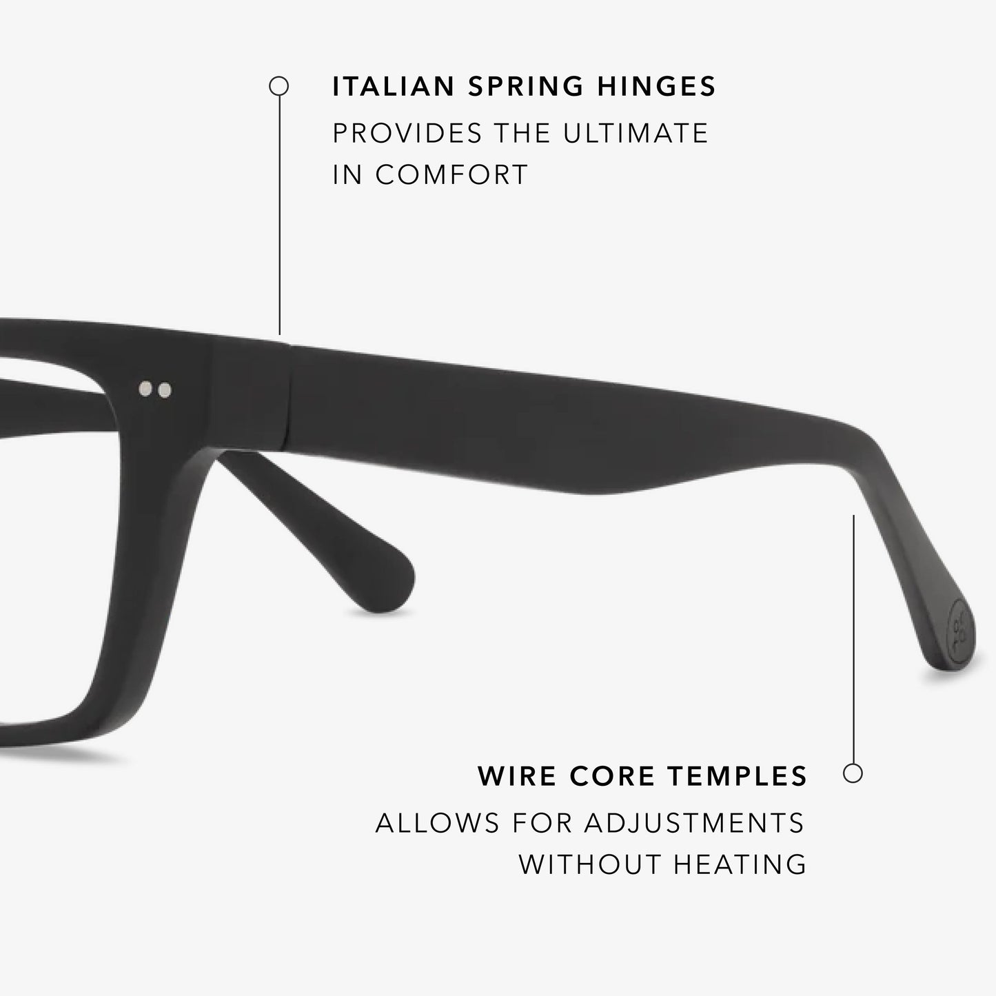 
Black square eyeglasses with clear lenses shown at an angle.