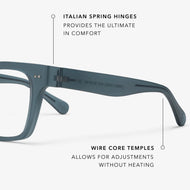 
Square blue translucent eyeglass frames with clear lenses.