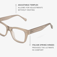 
Square translucent taupe frames with clear lenses.