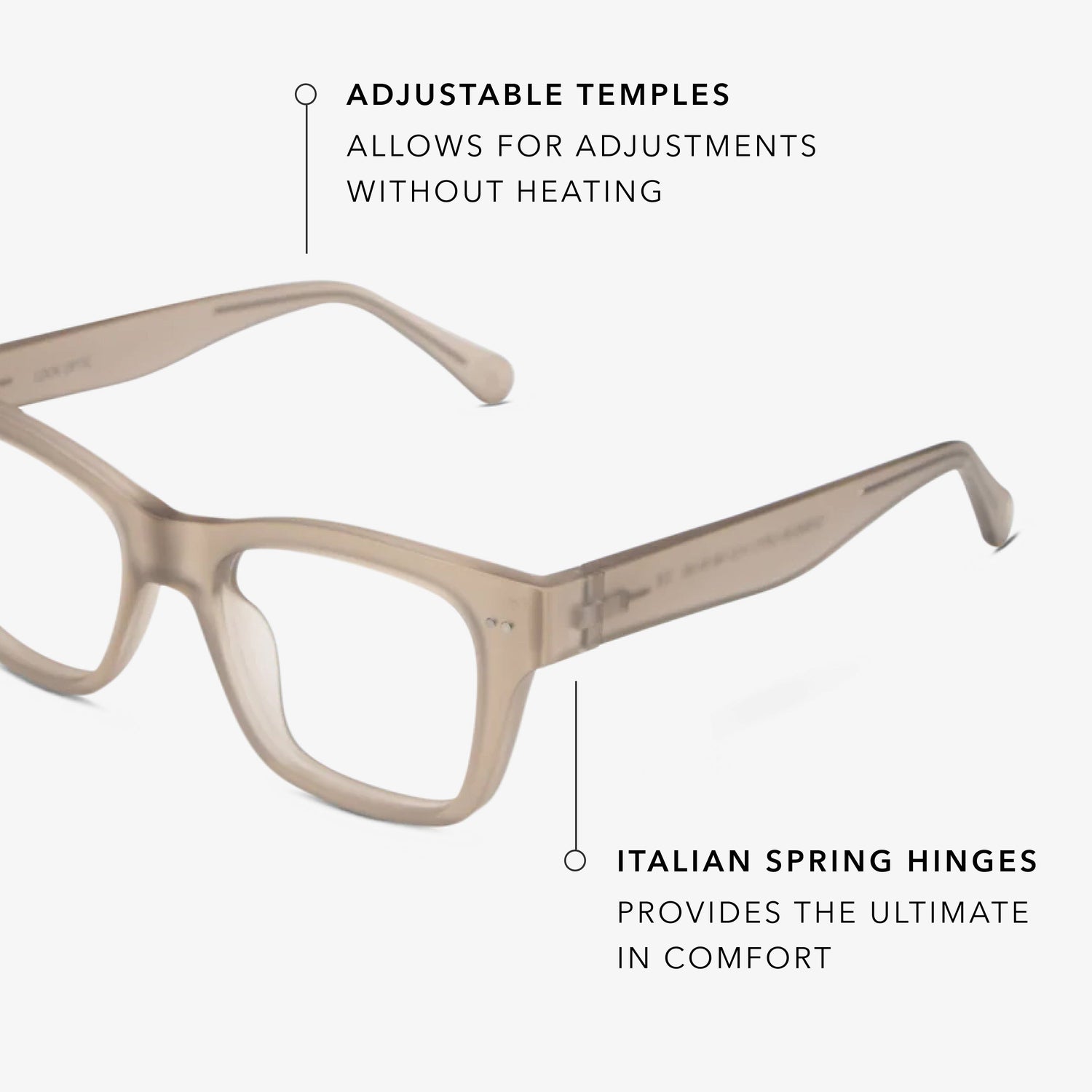 
Square translucent taupe frames with clear lenses.
