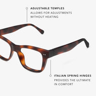 
Square tortoise glasses with a translucent glossy finish and clear lenses.