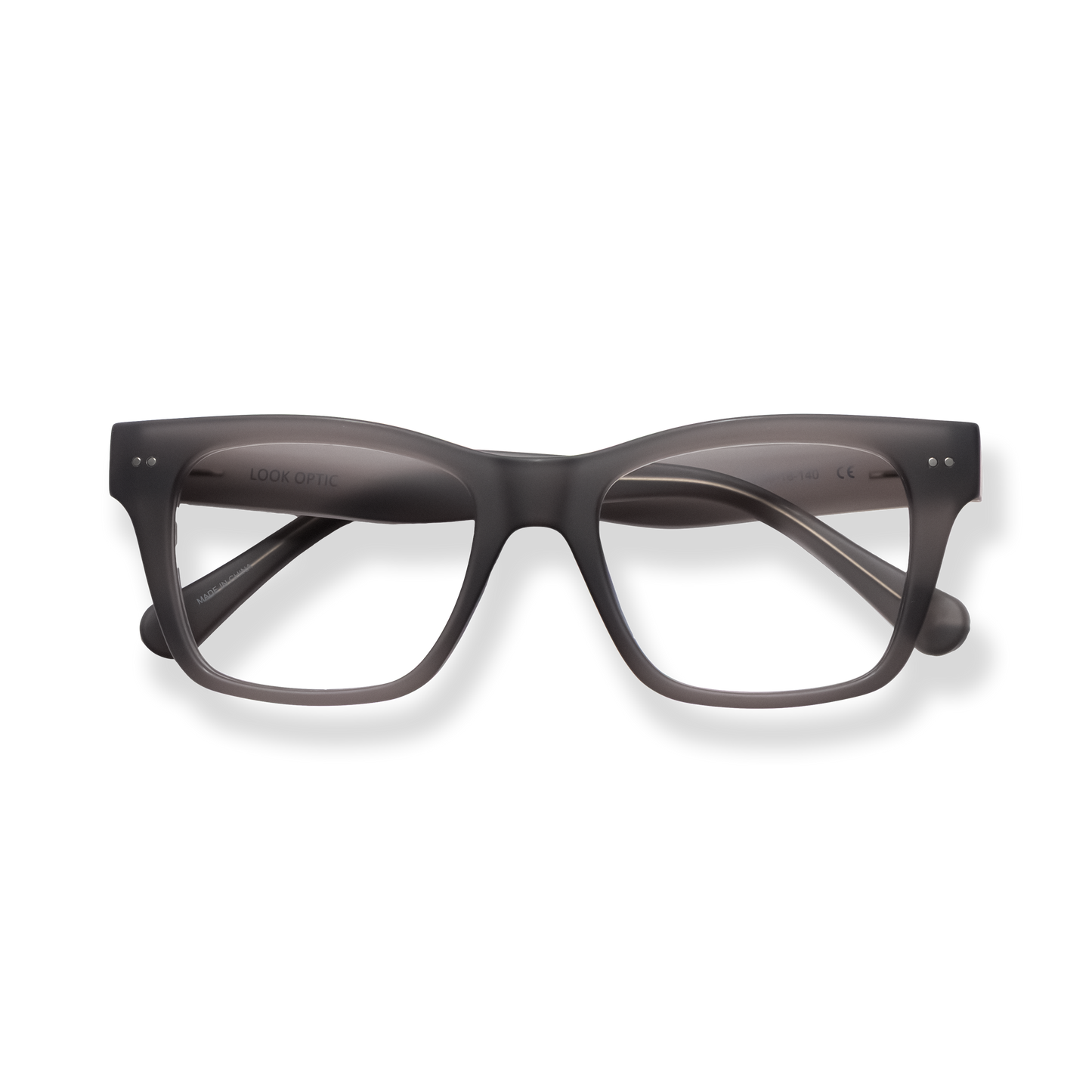
Dark gray rectangular eyeglasses with clear lenses and rounded temple tips.