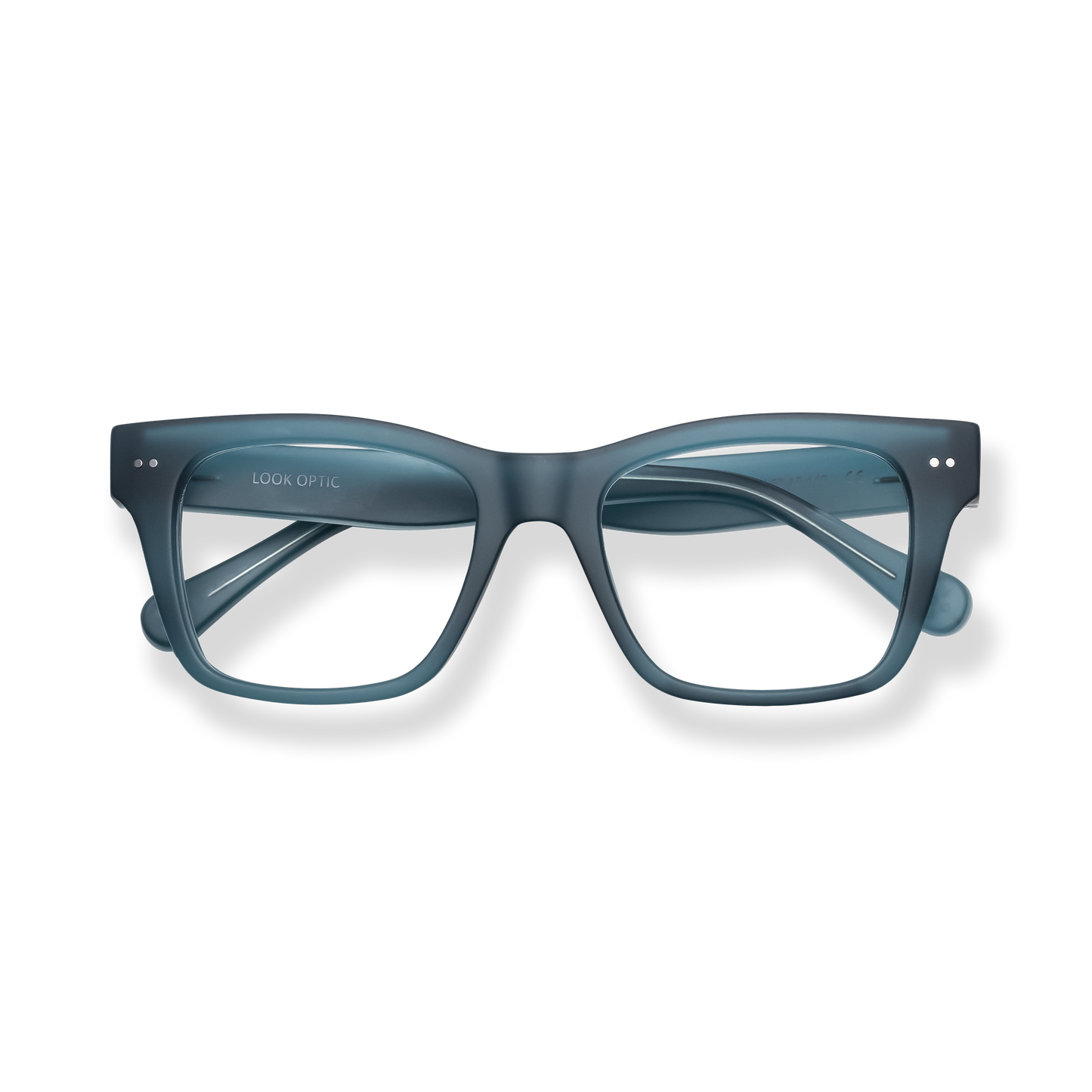 
Blue-gray rectangular eyeglasses with clear lenses and subtle metal accents.