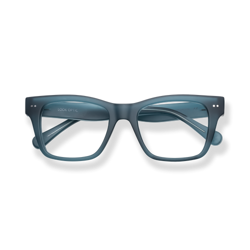 
Blue-gray rectangular eyeglasses with clear lenses and subtle metal accents.
