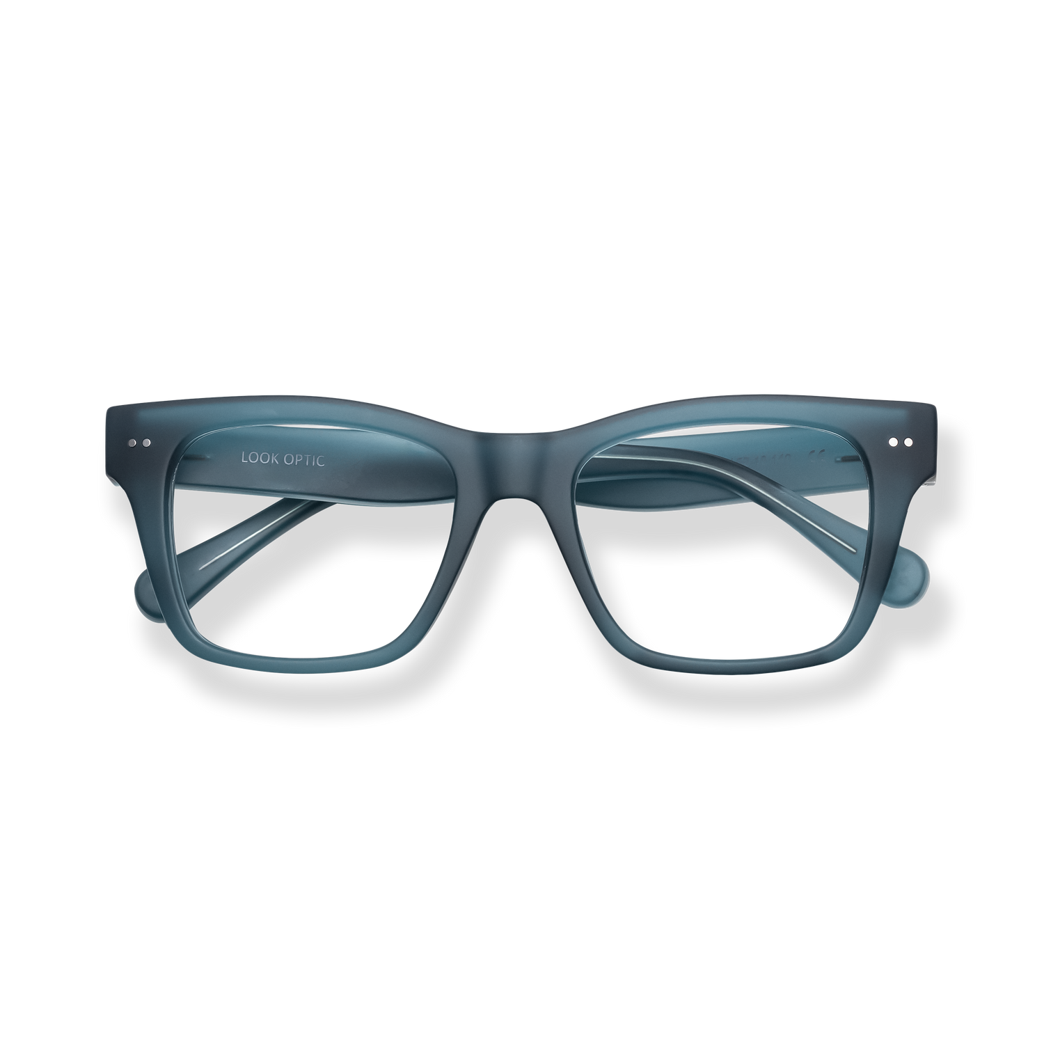 
Blue-gray rectangular eyeglasses with clear lenses and subtle metal accents.
