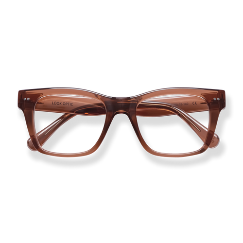 
Translucent brown rectangular reading glasses with a polished frame and matching temples.