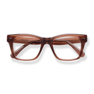 
Translucent brown rectangular reading glasses with a polished frame and matching temples.