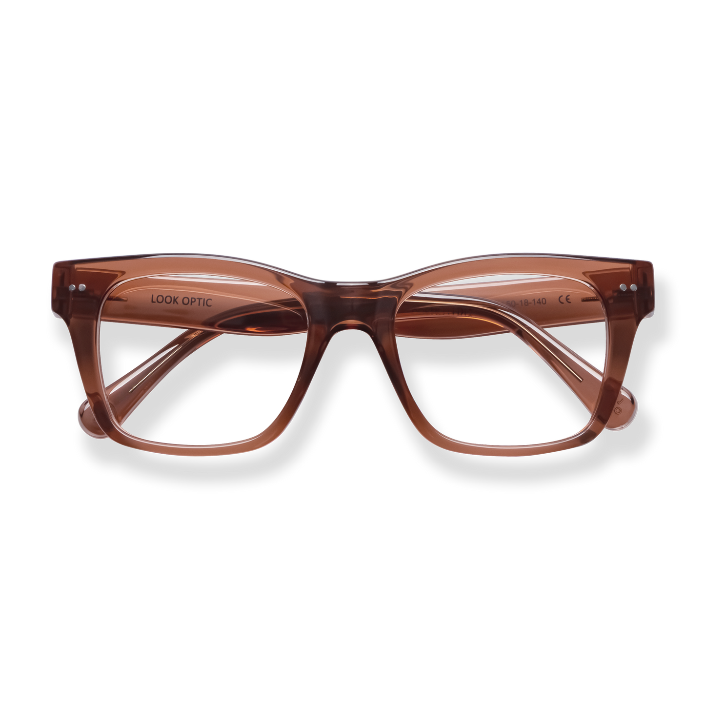
Translucent brown rectangular reading glasses with a polished frame and matching temples.