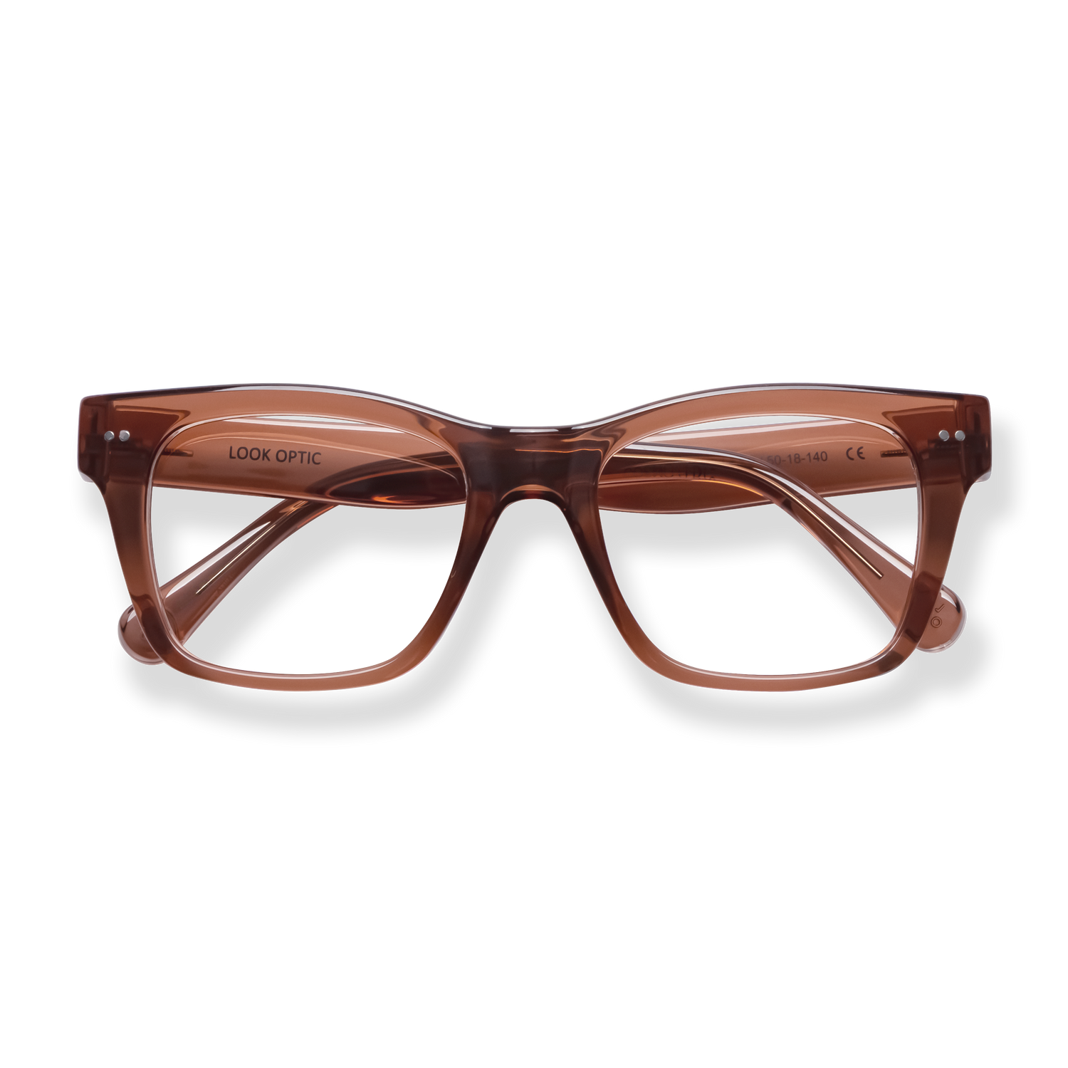 
Translucent brown rectangular reading glasses with a polished frame and matching temples.