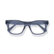 
Translucent gray rectangular reading glasses with angular frames and double-bridge detail.