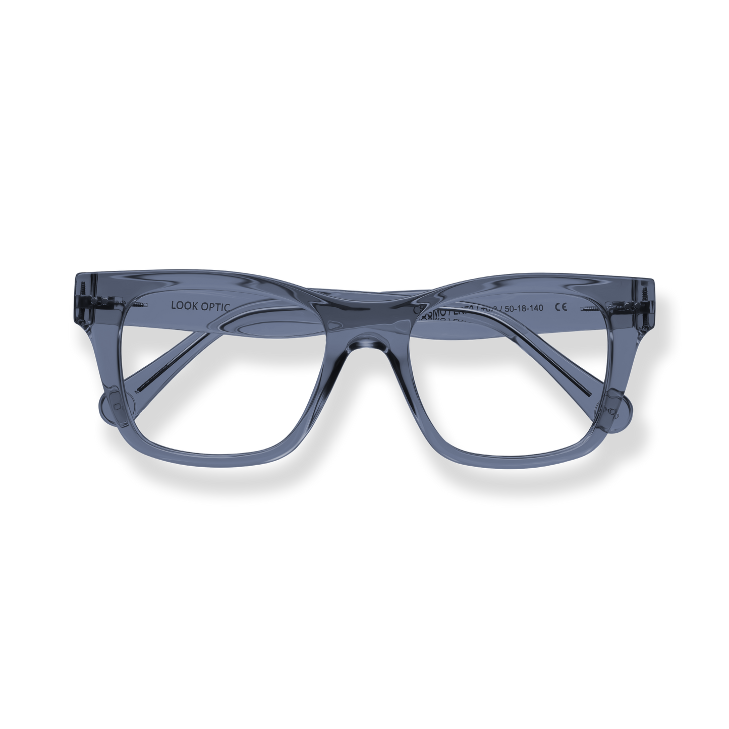
Translucent gray rectangular reading glasses with angular frames and double-bridge detail.
