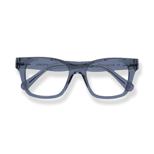 
Translucent gray rectangular reading glasses with angular frames and double-bridge detail.