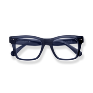 
Dark navy rectangular eyeglass frames with clear lenses.