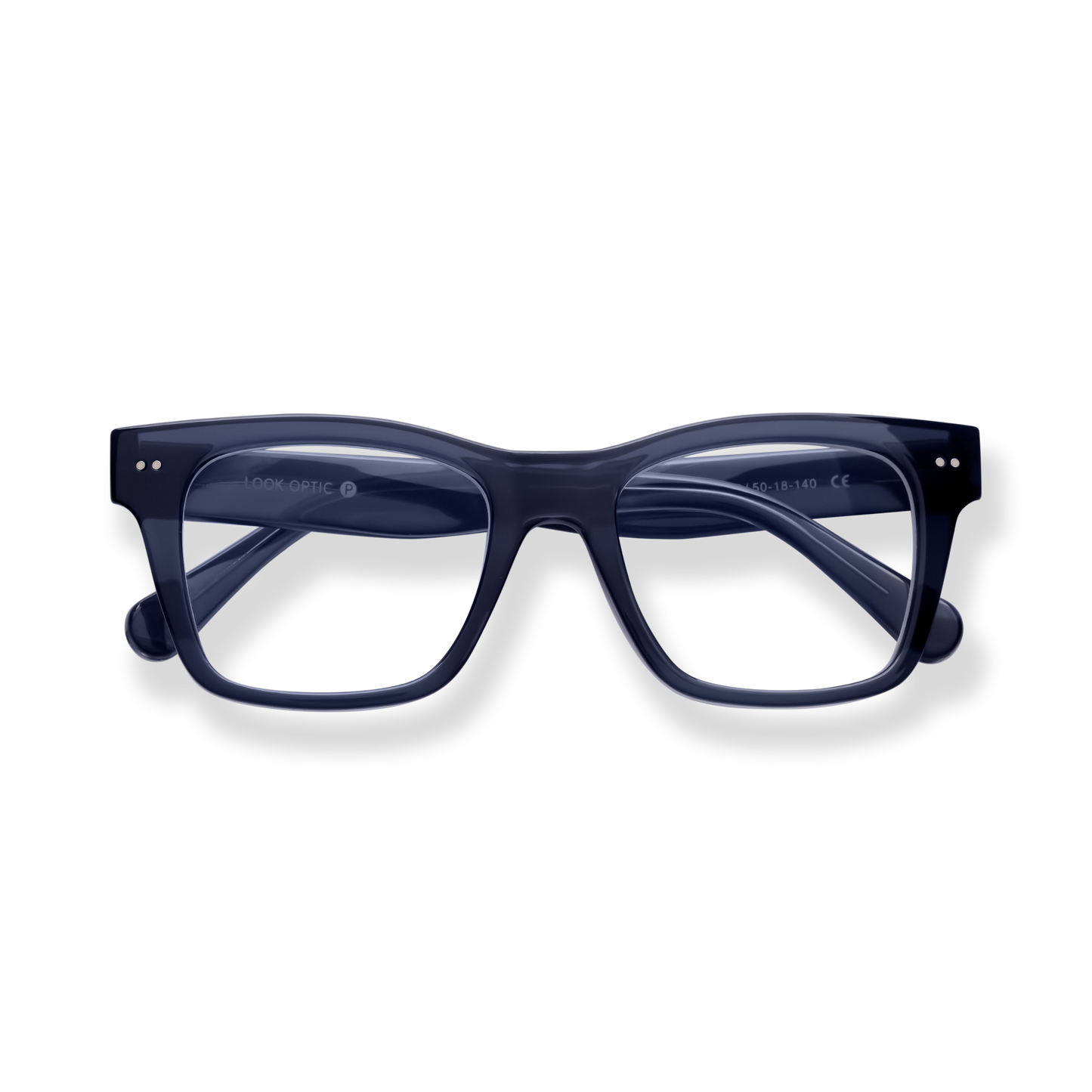 
Dark navy rectangular eyeglass frames with clear lenses.