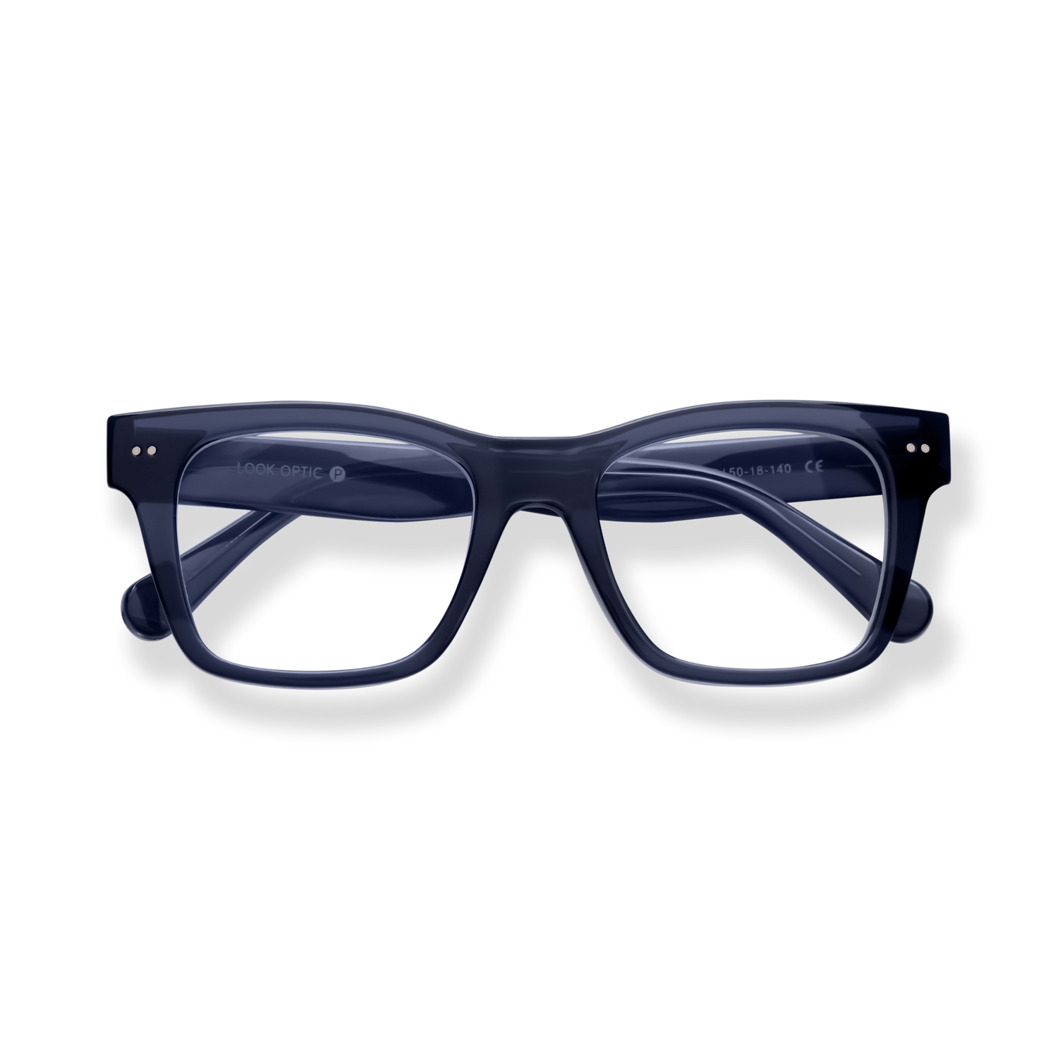 
Dark navy rectangular eyeglass frames with clear lenses.