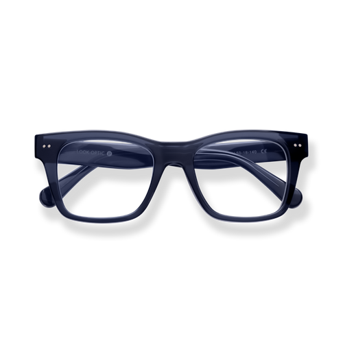 
Dark navy rectangular eyeglass frames with clear lenses.
