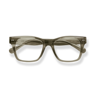 
Translucent olive rectangular reading glasses with wide temples and silver circular accents.