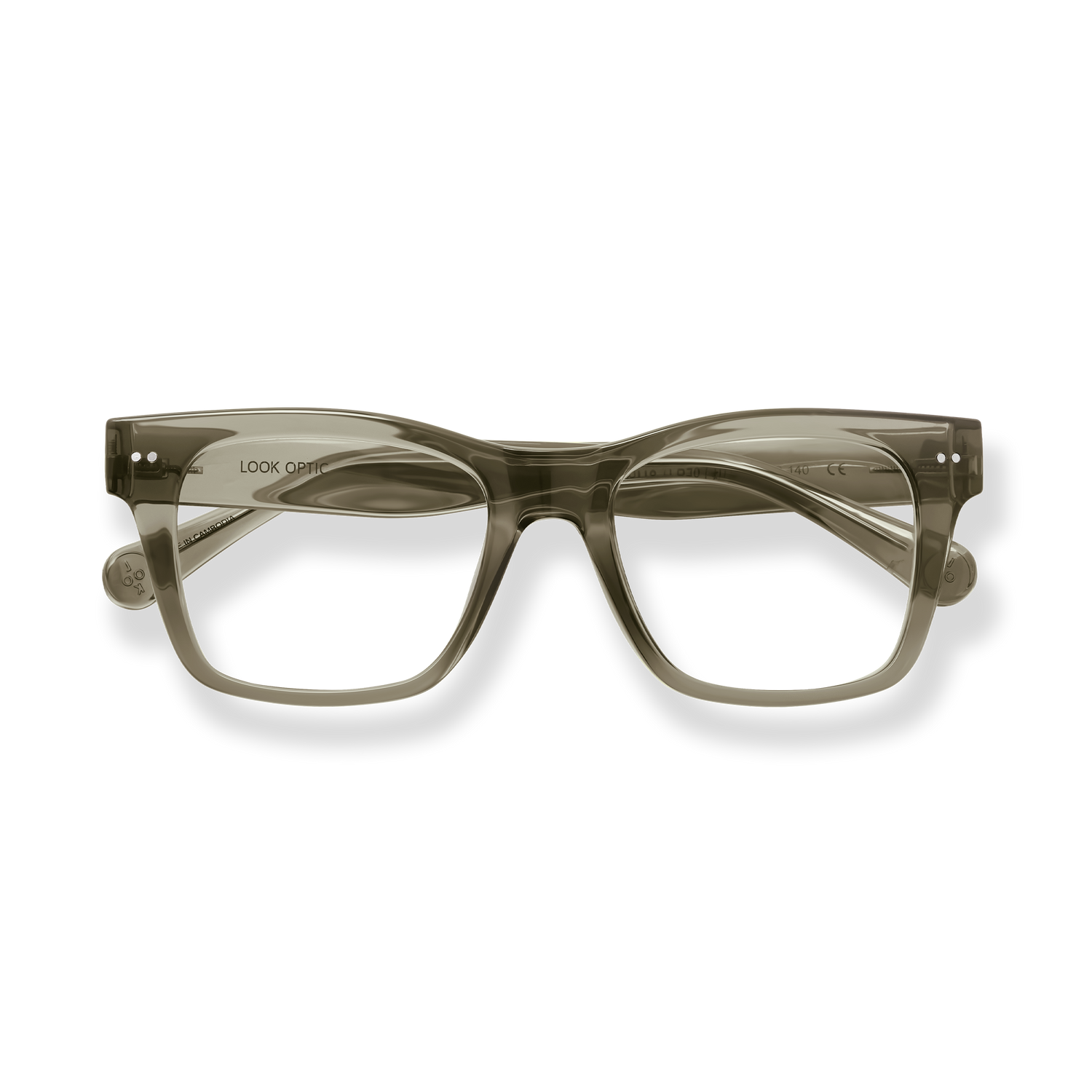 
Translucent olive rectangular reading glasses with wide temples and silver circular accents.