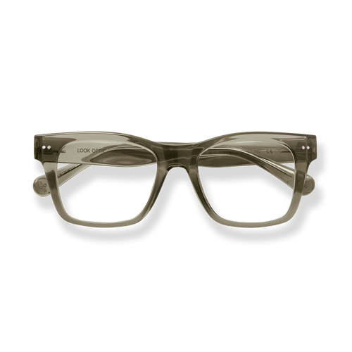 
Translucent olive rectangular reading glasses with wide temples and silver circular accents.