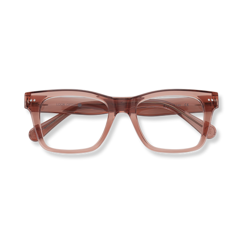 
Rose gold translucent square-frame glasses with double bridge and tortoiseshell-style temple detailing.