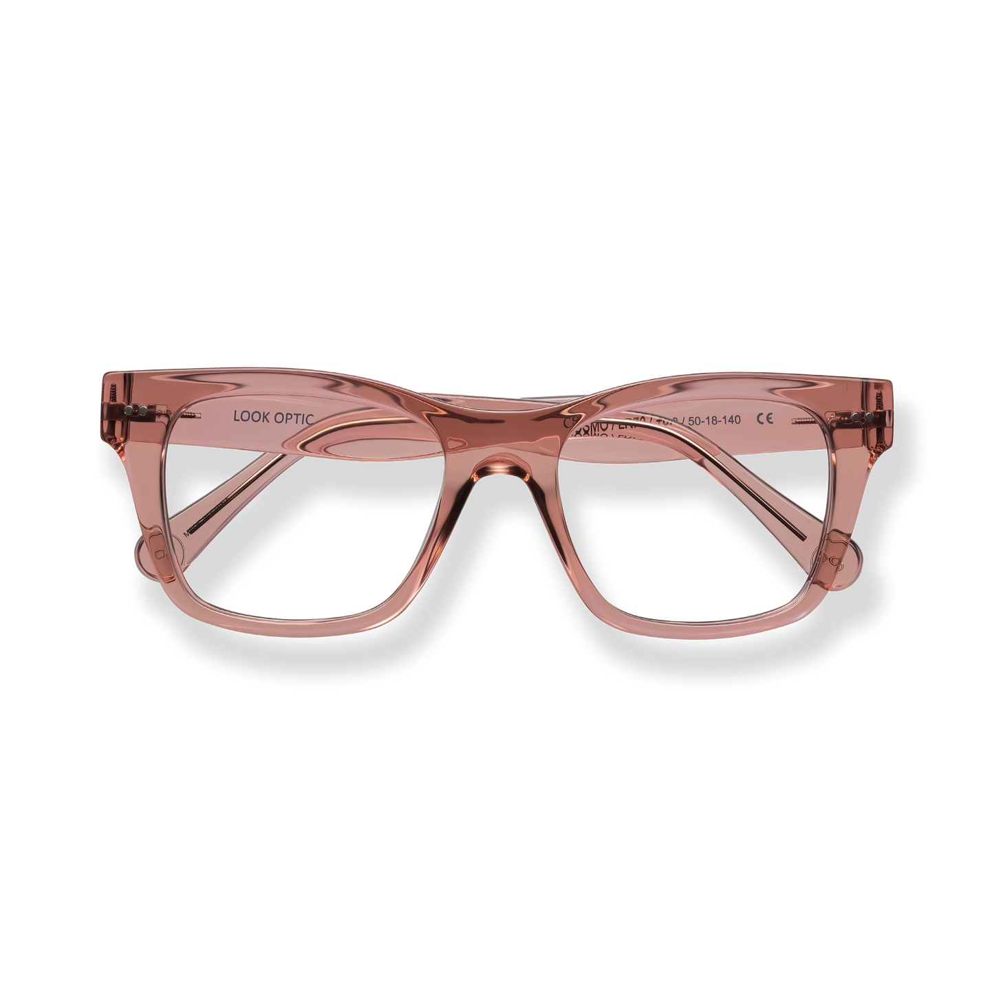 
Rose gold translucent square-frame glasses with double bridge and tortoiseshell-style temple detailing.