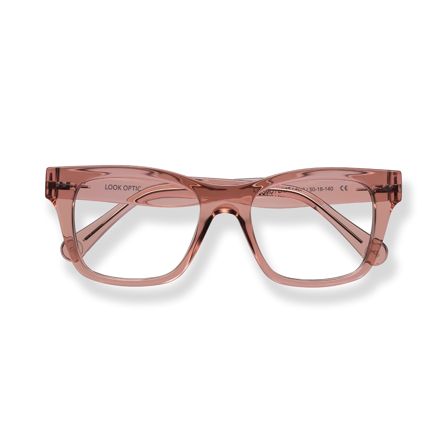 
Rose gold translucent square-frame glasses with double bridge and tortoiseshell-style temple detailing.