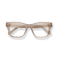 
Beige square-frame reading glasses with clear lenses and subtle LOOK OPTIC branding.