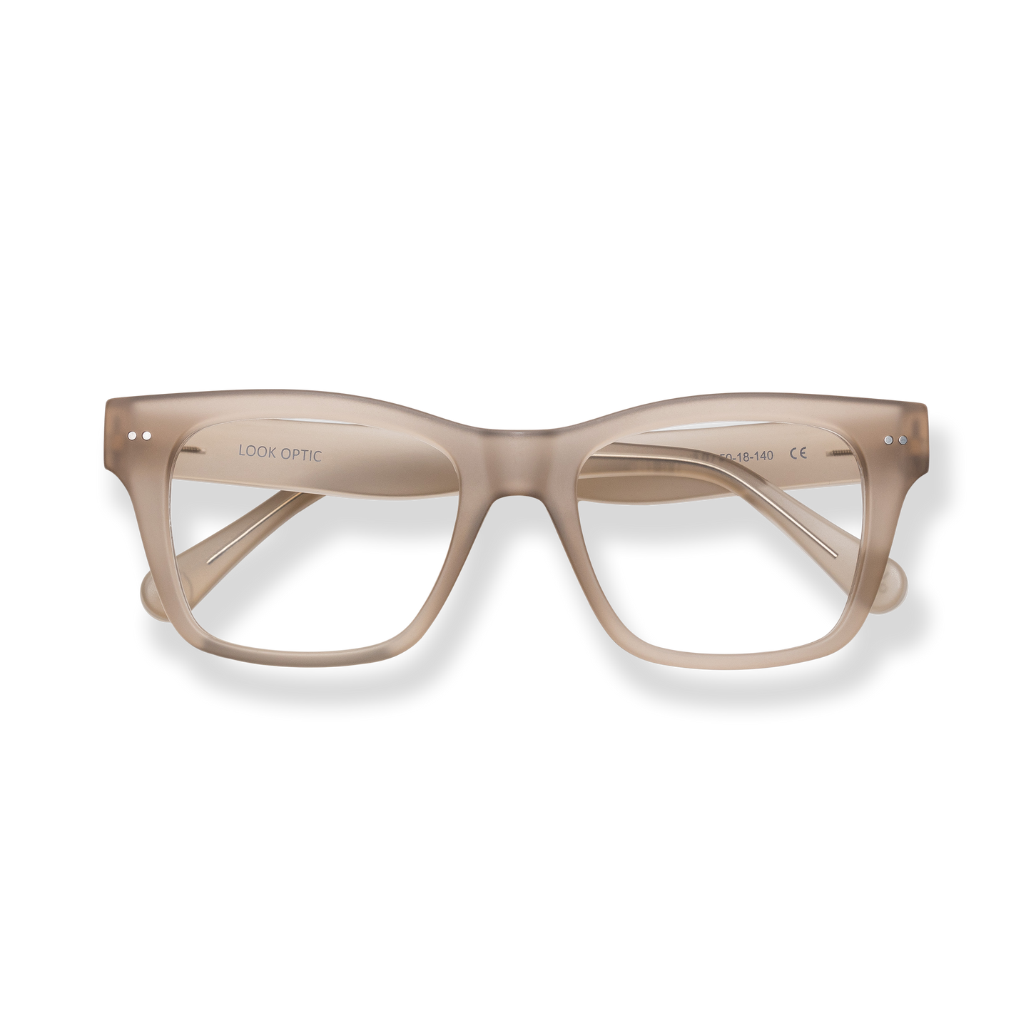 
Beige square-frame reading glasses with clear lenses and subtle LOOK OPTIC branding.