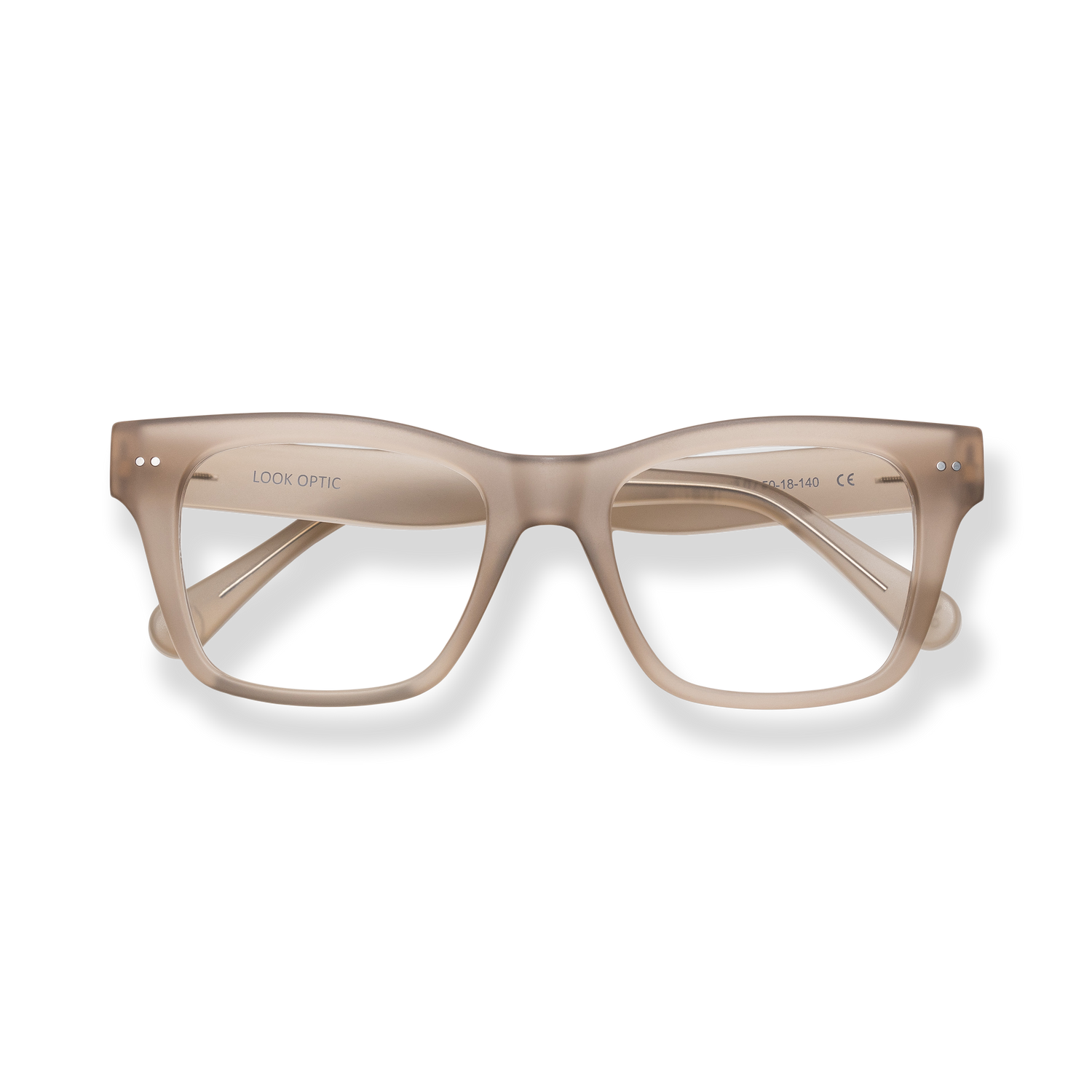 
Beige square-frame reading glasses with clear lenses and subtle LOOK OPTIC branding.