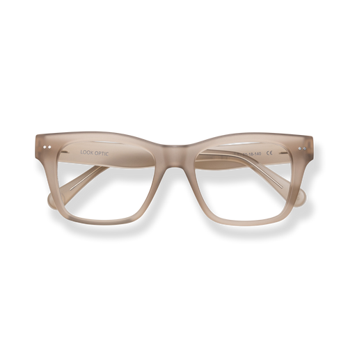 
Beige square-frame reading glasses with clear lenses and subtle LOOK OPTIC branding.