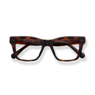 
Tortoiseshell rectangular reading glasses with dark brown lenses and a thick acetate frame.