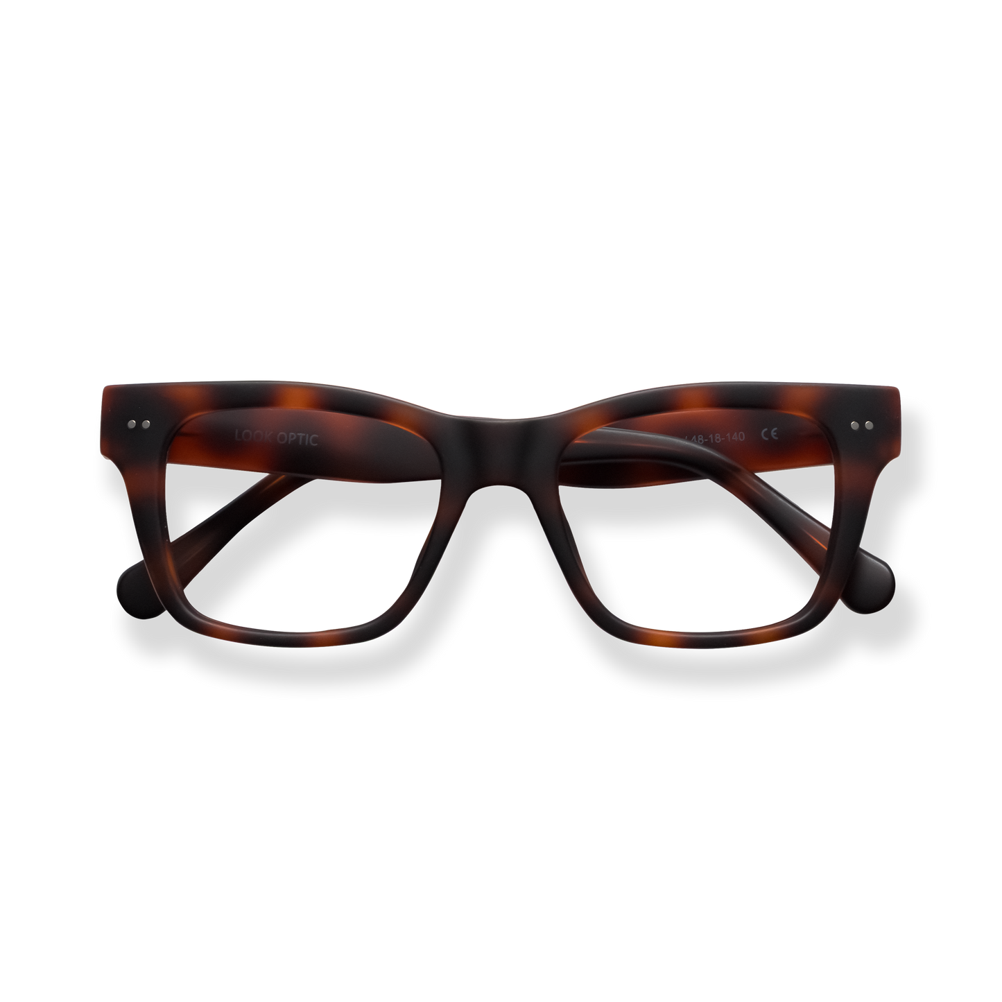 
Tortoiseshell rectangular reading glasses with dark brown lenses and a thick acetate frame.