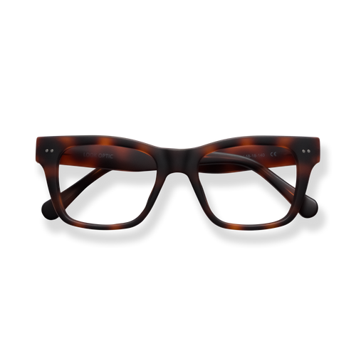 
Tortoiseshell rectangular reading glasses with dark brown lenses and a thick acetate frame.