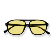 
Black rectangular glasses with yellow-tinted lenses and slim silver temple arms.