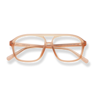 
Peach-colored rectangular eyeglass frames with clear lenses and matching temples.