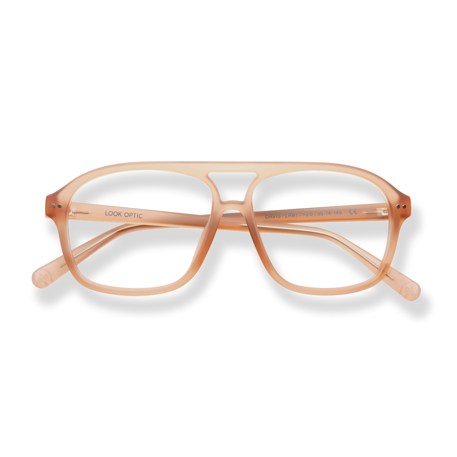 
Peach-colored rectangular eyeglass frames with clear lenses and matching temples.