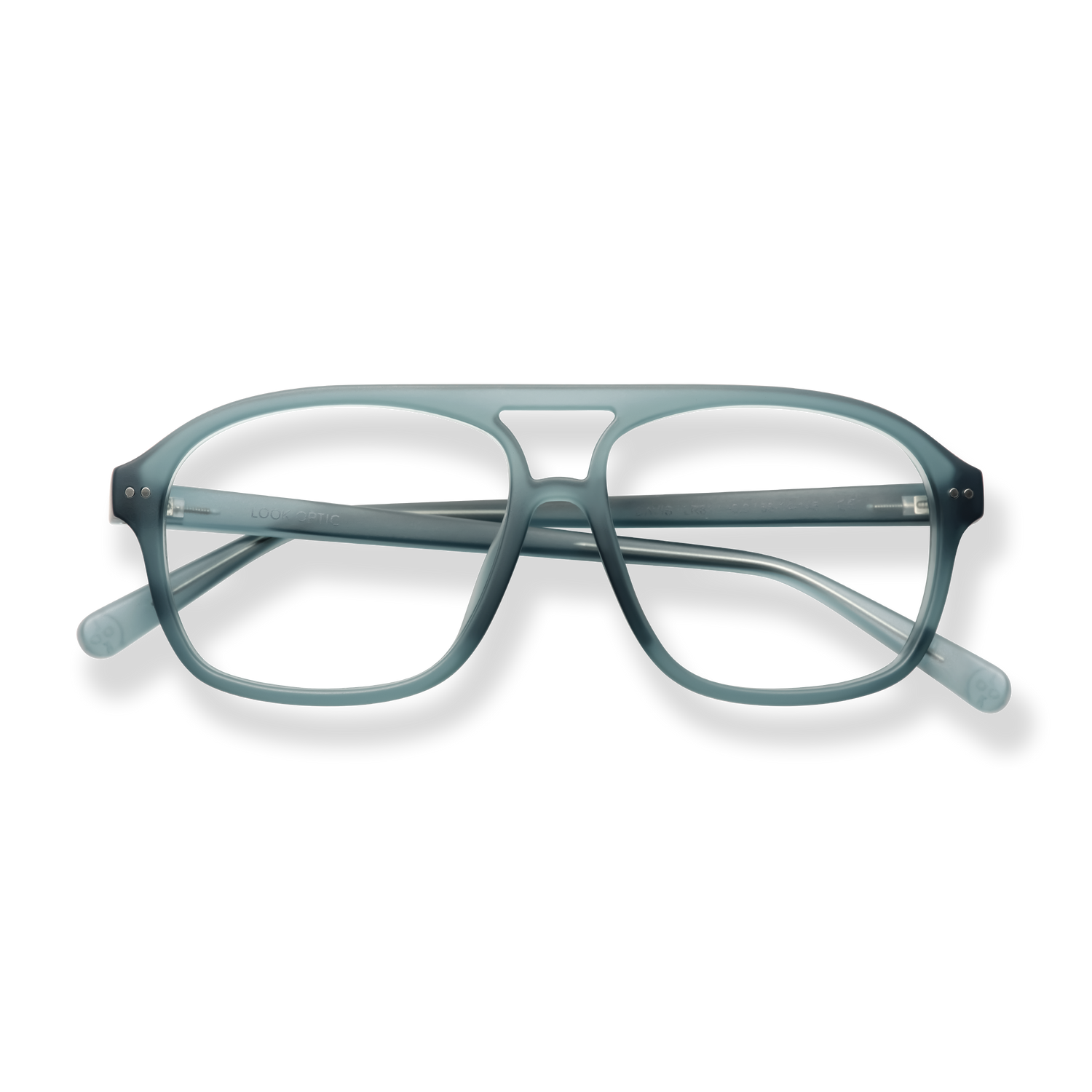 
Gray rectangular eyeglasses with a double bridge and clear nose pads.
