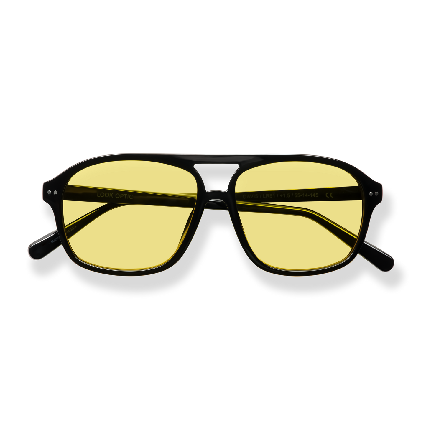 
Black rectangular eyewear with yellow-tinted lenses and slim silver temple accents.
