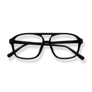 
Black rectangular eyeglasses with clear lenses and subtle silver detailing.