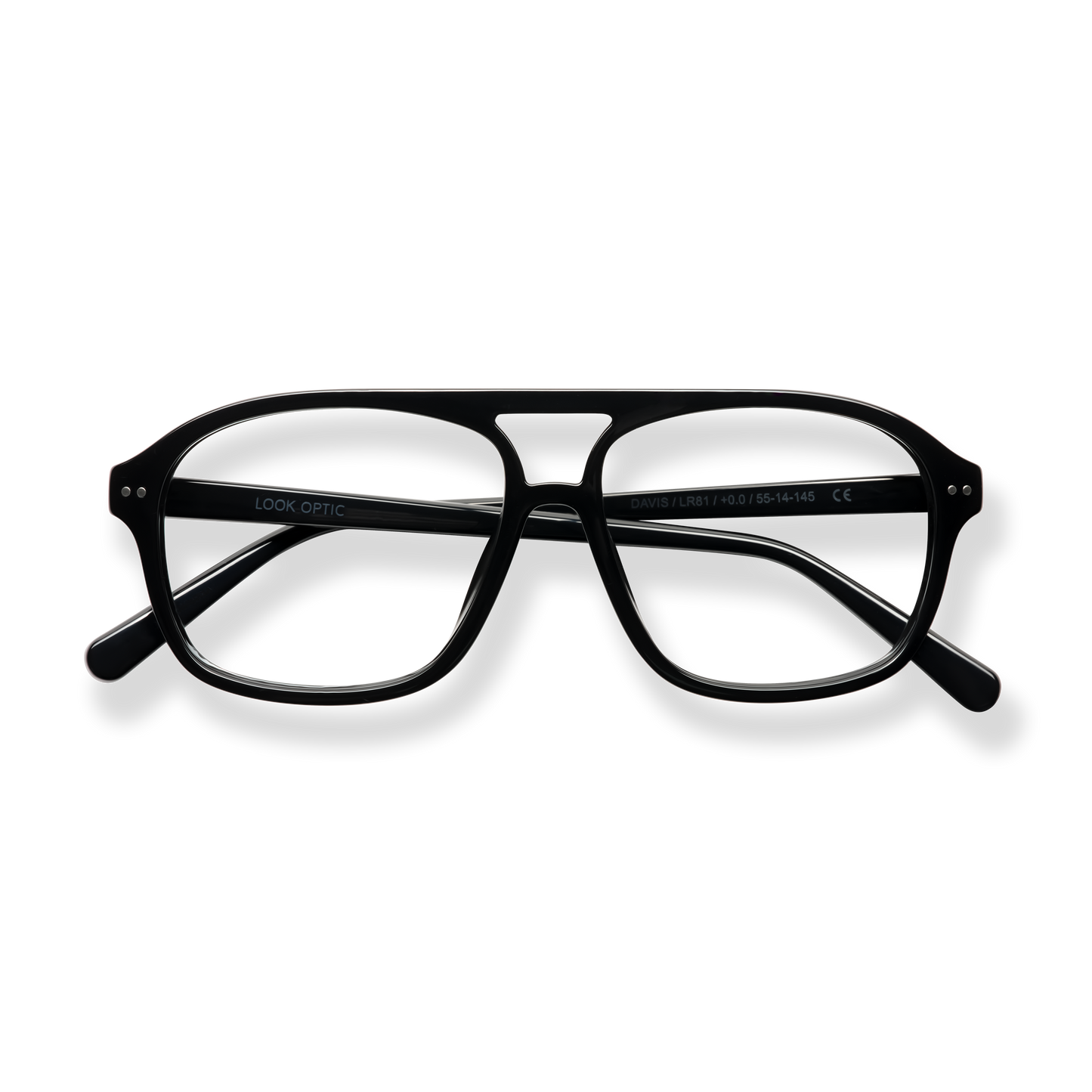 
Black rectangular eyeglasses with clear lenses and subtle silver detailing.